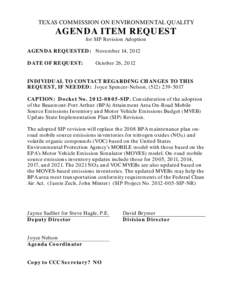 Beaumont-Port Arthur Attainment Area On-Road Mobile Source Emissions Inventory and Motor Vehicle Emissions Budget Update State Implementation Plan Revision