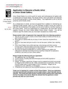  www.unionstreetgallery.org Application to Become a Studio Artist at Union Street Gallery