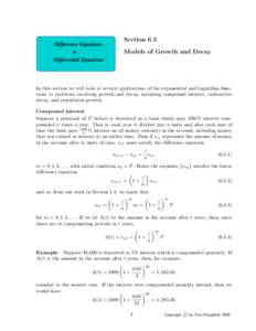 Difference Equations to Differential Equations Section 6.3 Models of Growth and Decay