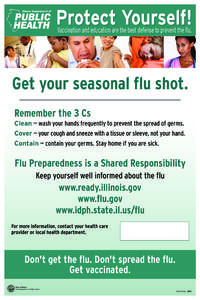 Protect Yourself! Vaccination and education are the best defense to prevent the flu. Get your seasonal flu shot. Remember the 3 Cs Clean — wash your hands frequently to prevent the spread of germs.