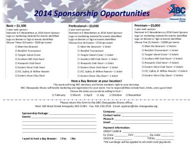 2014 Sponsorship Opportunities Basic—$1,500 Professional—$3,000  Premium—$5,000