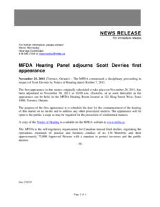 News Release - MFDA Hearing Panel adjourns Scott Devries first appearance