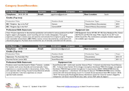 Category: Sound Recordists First Name: Telephone: Frederique