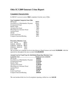 Ohio IC3 2009 Internet Crime Report Complaint Characteristics In 2009 IC3 received a total of 8663 complaints from the state of Ohio. Top Complaint Categories from Ohio FBI Scams Non Delivery of Merchandise /Payment