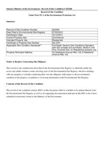 Ontario Ministry of the Environment - Record of Site Condition # [removed]Record of Site Condition Under Part XV.1 of the Environment Protection Act Summary  Record of Site Condition Number