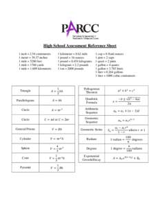 High School Assessment Reference Sheet 1 inch = 2.54 centimeters 1 meter = 39.37 inches 1 mile = 5280 feet 1 mile = 1760 yards 1 mile = 1.609 kilometers