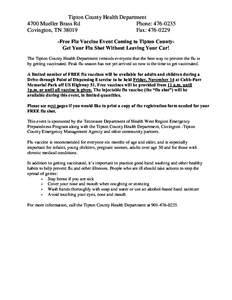 Tipton County Health Department 4700 Mueller Brass Rd Phone: [removed]Covington, TN[removed]Fax: [removed]Free Flu Vaccine Event Coming to Tipton CountyGet Your Flu Shot Without Leaving Your Car!