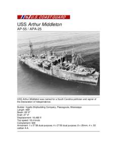 USS Arthur Middleton AP-55 / APA-25 USS Arthur Middleton was named for a South Carolina politician and signer of the Declaration of Independence. Builder: Ingalls Shipbuilding Company, Pascagoula, Mississippi.