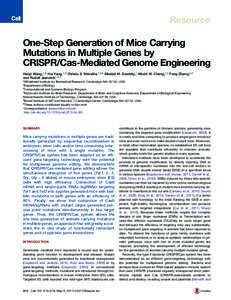 Resource  One-Step Generation of Mice Carrying Mutations in Multiple Genes by CRISPR/Cas-Mediated Genome Engineering Haoyi Wang,1,6 Hui Yang,1,6 Chikdu S. Shivalila,1,2,6 Meelad M. Dawlaty,1 Albert W. Cheng,1,3 Feng Zhan