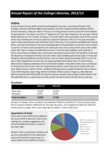 Annual Report of the College Librarian, [removed]Staffing The permanent Library staff remained unchanged for the year, consisting of Stewart Tiley (College Librarian) and Ruth Ogden (now Deputy Librarian), supplemented by