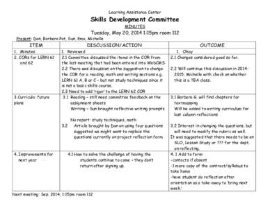 Learning Assistance Center  Skills Development Committee MINUTES  Tuesday, May 20, 2014 1:15pm room 112