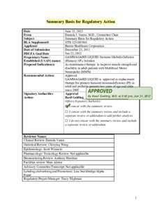 Summary Basis for Regulatory Action Date From Subject BLA Supplement# Applicant