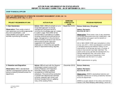 ACTION PLAN IMPLEMENTATION STATUS UPDATE REPORT TO THE AUDIT COMMITTEE - AS OF SEPTEMBER 30, 2011 CHIEF FINANCIAL OFFICER AUDIT OF COMPREHENSIVE INTEGRATED DOCUMENT MANAGEMENT (CIDM[removed]AEC APPROVAL DATE: May 14, 2