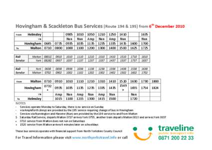 Hovingham & Scackleton Bus Services (Route 194 & 195) from 6th December 2010 Helmsley Hovingham 0645 Malton[removed]