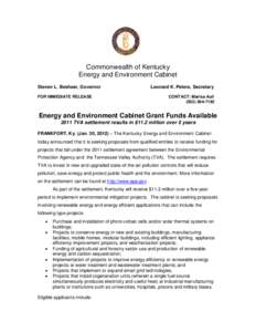 Commonwealth of Kentucky Energy and Environment Cabinet Steven L. Beshear, Governor FOR IMMEDIATE RELEASE  Leonard K. Peters, Secretary