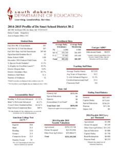 Profile of De Smet School DistrictSW 3rd Street SW, De Smet, SDHome County: Kingsbury Area in Square Miles: 313  Student Data