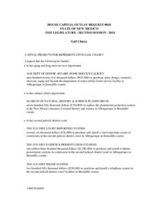 HOUSE CAPITAL OUTLAY REQUEST 0018 STATE OF NEW MEXICO 51ST LEGISLATURE - SECOND SESSION[removed]Gail Chasey  CAPITAL PROJECTS FOR REPRESENTATIVE GAIL CHASEY