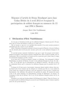 Réponse à l’article de Bruno Boudiguet paru dans Golias Hebdo du 4 avril 2013 et évoquant la participation de soldats français au massacre du 13 mai 1994 à Bisesero Jacques Morel, Eric Nzabihimana 4 juin 2013