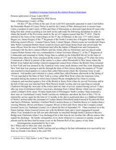 Southern Campaign American Revolution Pension Statements Pension application of Isaac Carter S8147 Transcribed by Will Graves State of Mississippi, County of Pike On this 17th day of June in the year of our Lord 1833 per