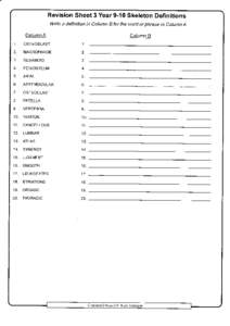 Revision Sheet 3 Year 9-10 Skeleton Definitions Write a definition in Column B for the word or phrase in Column A Column A Column B