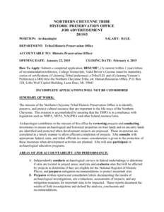 NORTHERN CHEYENNE TRIBE HISTORIC PRESERVATION OFFICE JOB ADVERTISEMENT 2015#3 POSITION: Archaeologist