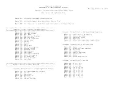 State of California Department of Developmental Services Tuesday, October 4, 2011 Quarterly Consumer Characteristics Report Index For the end of September 2011