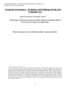 Corporate Governance— Evolution & Challenges In the New Companies Act Rajesh Chakrabarti & Mandar Kagade Corporate Governance— Evolution And Challenges In the New Companies Act Rajesh Chakrabarti and Mandar Kagade*