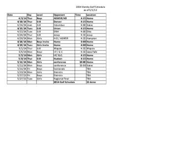  2014	
  Varsity	
  Golf	
  Schedule as	
  of	
  [removed]Date[removed]/14/14