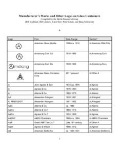 Manufacturer’s Marks and Other Logos on Glass Containers Compiled by the Bottle Research Group (Bill Lockhart, Bill Lindsey, Carol Serr, Pete Schulz, and Beau Schriever) A