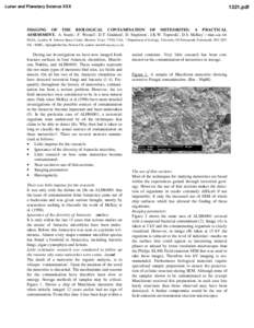 Lunar and Planetary Science XXX[removed]pdf IMAGING OF THE BIOLOGICAL CONTAMINATION OF METEORITES: A PRACTICAL ASSESSMENT. A. Steele†, F. Westall†, D.T. Goddard!, D. Stapleton*, J.K.W. Toporski*, D.S. McKay†.† Mail