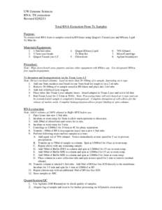 UW Genome Sciences RNA: TX extraction Revised[removed]Total RNA Extraction From Tx Samples Purpose: To extract total RNA from tx samples stored in RNAlater using Qiagen’s TissueLyser and RNeasy Lipid