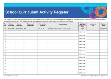 School Curriculum Activity Register This School Curriculum Activity Register has been designed to record the details of all approved High and Extreme risk activities (medium risk activities may also be recorded). Once a 