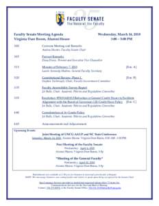 Faculty Senate Meeting Agenda Virginia Dare Room, Alumni House Wednesday, March 14, 2018 3:00 – 5:00 PM