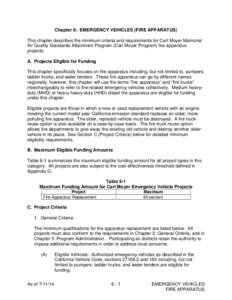 Chapter 6: EMERGENCY VEHICLES (FIRE APPARATUS) This chapter describes the minimum criteria and requirements for Carl Moyer Memorial Air Quality Standards Attainment Program (Carl Moyer Program) fire apparatus projects. A