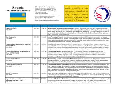 Rwanda INVESTMENT SUMMARY U.S. African Development Foundation Country Representative: Geoffrey Kayigi PO Box 7210, CCOAIB Building, 3rd Floor