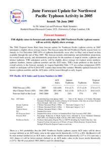 June Forecast Update for Northwest Pacific Typhoon Activity in 2005 Issued: 7th June 2005 by Dr Adam Lea and Professor Mark Saunders Benfield Hazard Research Centre, UCL (University College London), UK