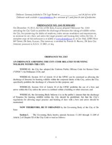 Ordinance Summary published in The Legal Record on _______________ and the full text of the Ordinance made available at www.desotoks.us for a minimum of 1 week from the date of publication ORDINANCE NO[removed]SUMMARY On D