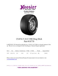 Product Bulletin December 3,  C1500 Drag Slick Part #18770 LAKEVILLE, IN- Hoosier has added the newC1500 to its already impressive lineup. This new tire was designed for the Top Dragster / 