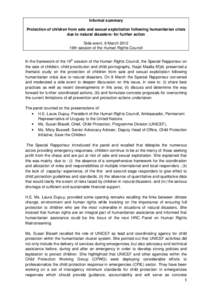 Public safety / Management / UNICEF / Development / Occupational safety and health / Child protection / Special Rapporteur on the sale of children /  child prostitution and child pornography / Disaster risk reduction / Special Rapporteur / Humanitarian aid / Emergency management / Disaster preparedness