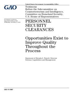 United States Government Accountability Office  Testimony Before the Subcommittee on Counterterrorism and Intelligence, Committee on Homeland Security,