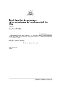 New South Wales  Administrative Arrangements (Administration of Acts—General) Order 2014 under the