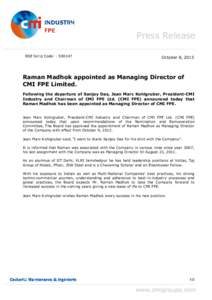 PRESS RELEASE-FPE Mr  Raman Madhok appointed as Managing Director of CMI FPEv1SB _2_