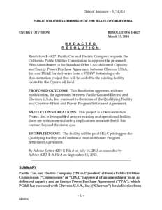 Date of Issuance – [removed]PUBLIC UTILITIES COMMISSION OF THE STATE OF CALIFORNIA ENERGY DIVISION RESOLUTION E-4627 March 13, 2014