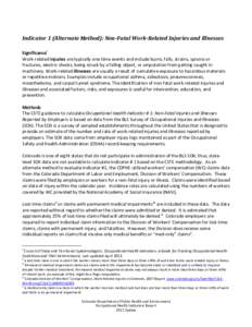 Indicator 1 (Alternate Method): Non-Fatal Work-Related Injuries and Illnesses Significance i Work-related injuries are typically one-time events and include burns, falls, strains, sprains or fractures, electric shocks, b