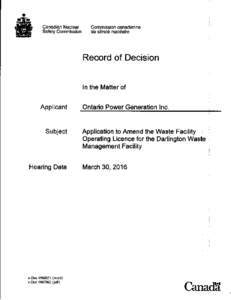 Record of Decision - Abridged Hearing - OPG Darlington Waste Management Facility