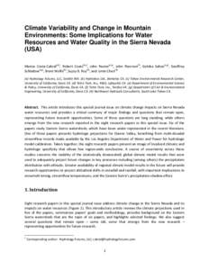Climate Variability and Change in Mountain Environments: Some Implications for Water Resources and Water Quality in the Sierra Nevada (USA) Mariza Costa-Cabral(a)1, Robert Coats(b,c), John Reuter(c,e), John Riverson(f), 