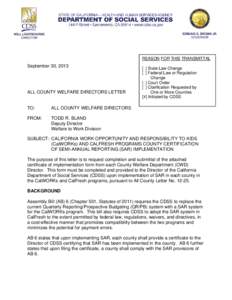 REASON FOR THIS TRANSMITTAL  September 30, 2013 ALL COUNTY WELFARE DIRECTORS LETTER