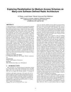 Exploring Parallelization for Medium Access Schemes on Many-core Software Defined Radio Architecture Xi Zhang, Junaid Ansari, Manish Arya and Petri Mähönen RWTH Aachen University, Institute for Networked Systems, Kacke