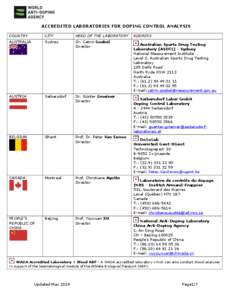 ACCREDITED LABORATORIES FOR DOPING CONTROL ANALYSIS COUNTRY CITY  HEAD OF THE LABORATORY