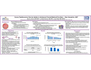 Human Papillomavirus Vaccine Uptake in Adolescent Female Medicaid Enrollees — New Hampshire, 2007 Sherry L. Burrer, DVM, MPH1,2, Ludmila Anderson, MD, MPH1,3, Jason Stull, VMD, MPVM1,3 1NH Human Papillomavirus (HPV)